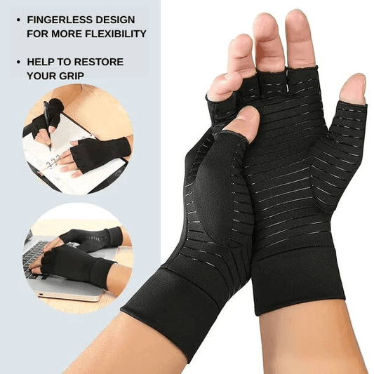 Black fingerless gloves with text highlighting flexibility and grip restoration on a light blue background.