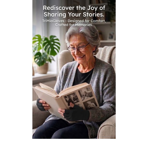 Woman reading a photo album with text about TriMiaGloves on a white background